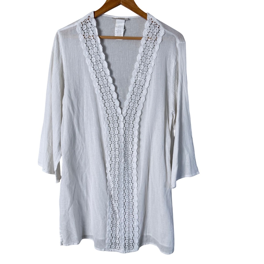 LA BLANCA White Lace Trimmed V Neck 3/4 Sleeve Tunic Cover Up Top, Sz L